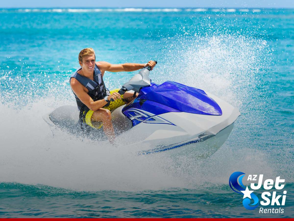 A person smiling and riding a jet ski on a clear blue ocean, creating a spray of water, with a logo for 'AZ Jet Ski Rentals' in the corner, representing jet ski equipment.