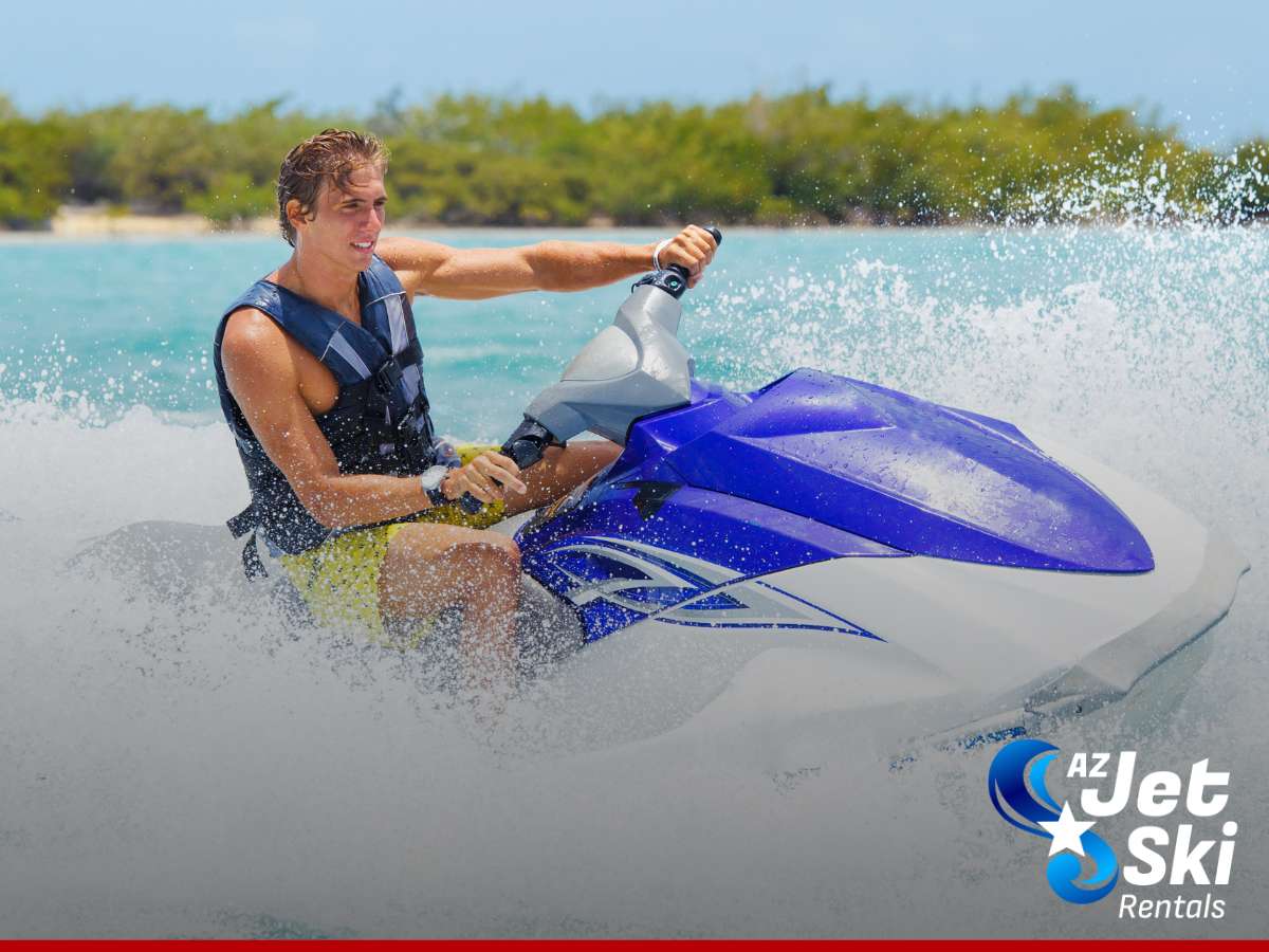 A person riding a blue jet ski across the water while wearing a lifejacket, showcasing AZ Jet Ski Rentals' safety measures, from lifejackets to GPS navigation systems