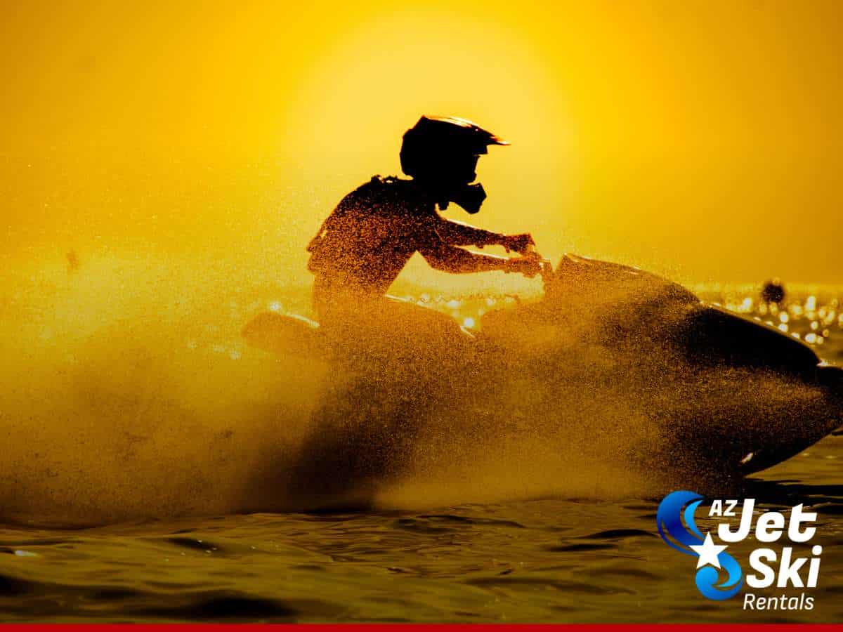Person riding a jet ski at sunset, capturing the thrill and freedom tied to licensing for jet ski rentals